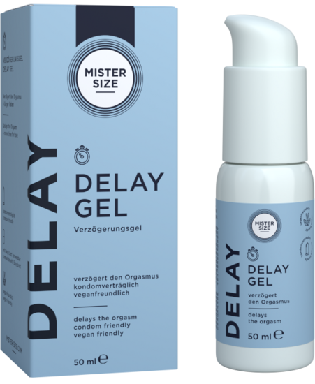 Mister Size Delay Gel -pakkaus ja pumppuannostelupullo
