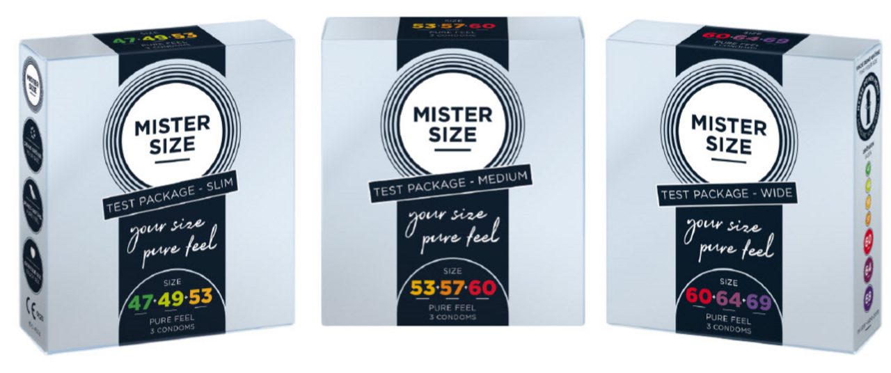 Kolme erilaista Mister Size -kondomitestipakkausta